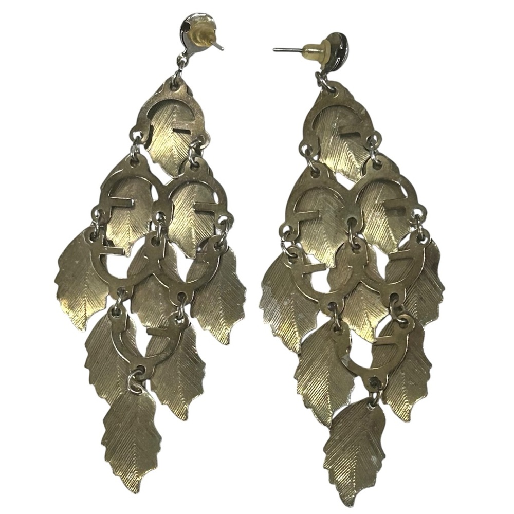 Vintage 90s Brass Gold Leaf Cascade Chandelier Earrings 4” Bold Glam Statement - Picture 3 of 5